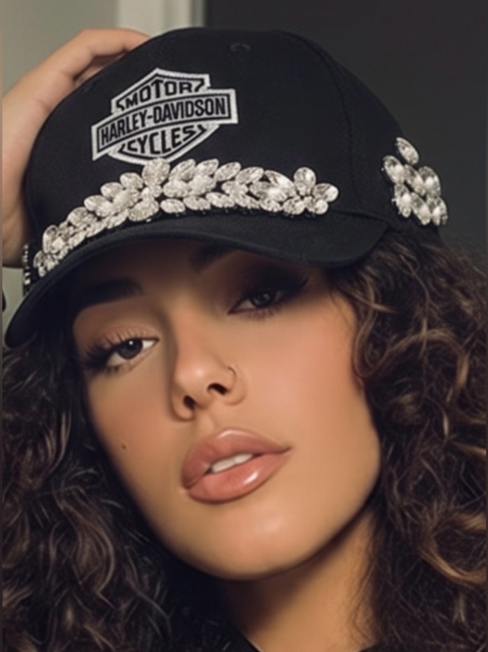 Uocycled Harley ‑Davidson inspired adjustabel Baseball Cap w Crystal rhinestone